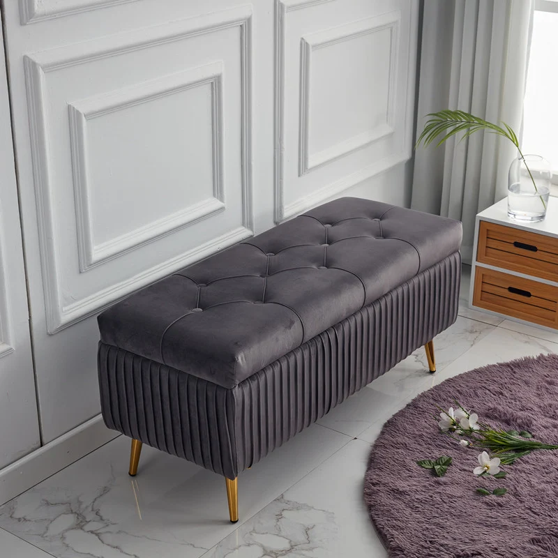Modern Minimalist Velvet Sponge Titanium Alloy Rectangular Storage Bench Backless For Entryway