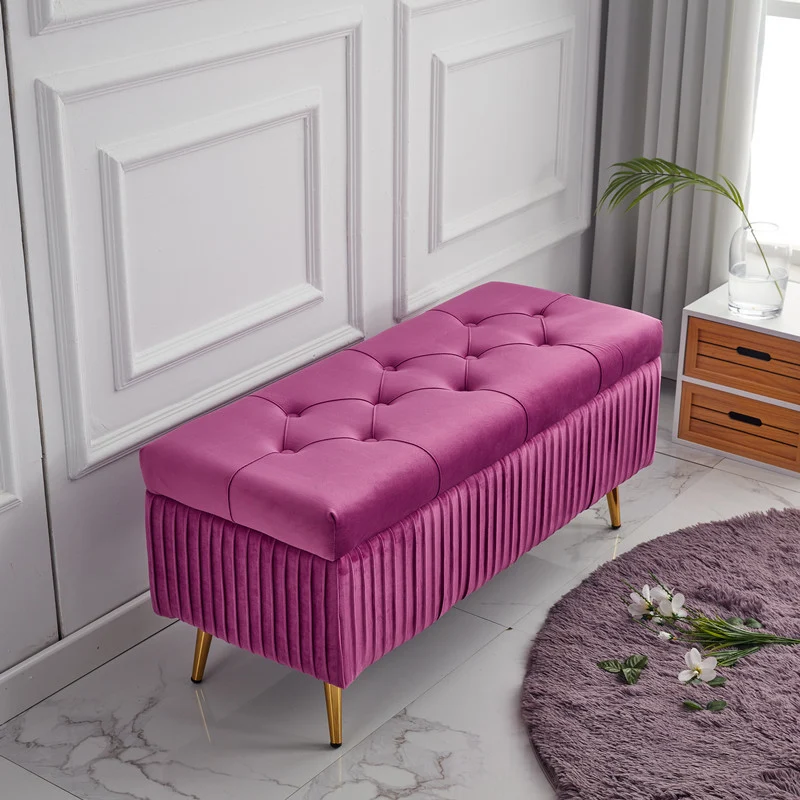 Modern Minimalist Velvet Sponge Titanium Alloy Rectangular Storage Bench Backless For Entryway