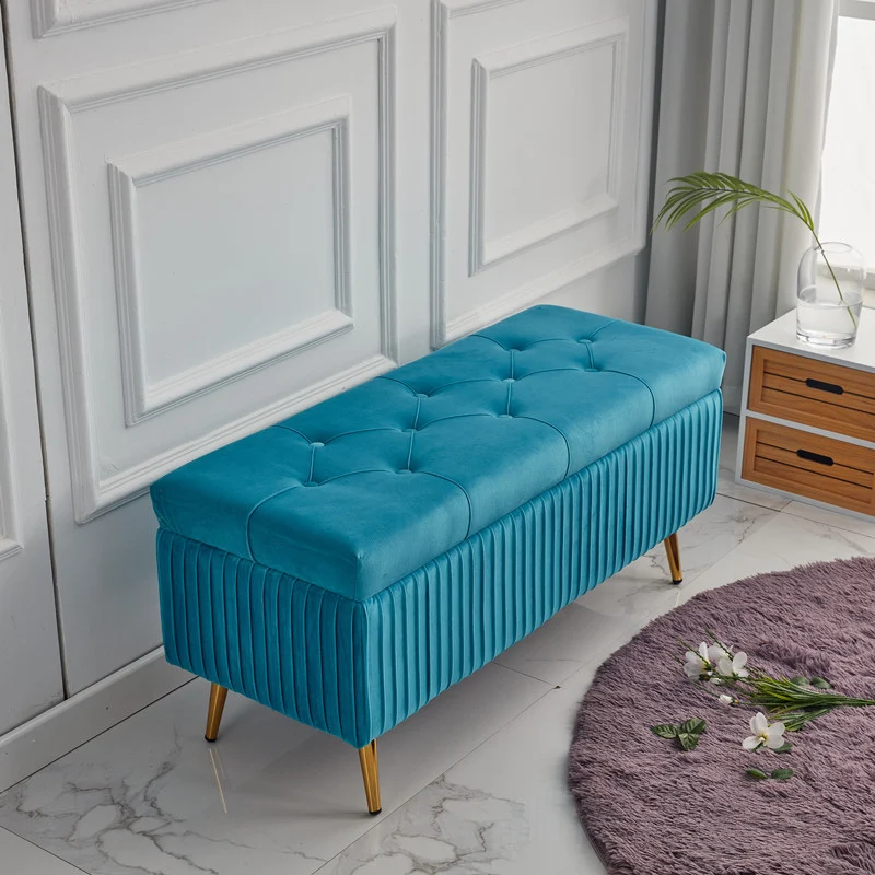 Modern Minimalist Velvet Sponge Titanium Alloy Rectangular Storage Bench Backless For Entryway