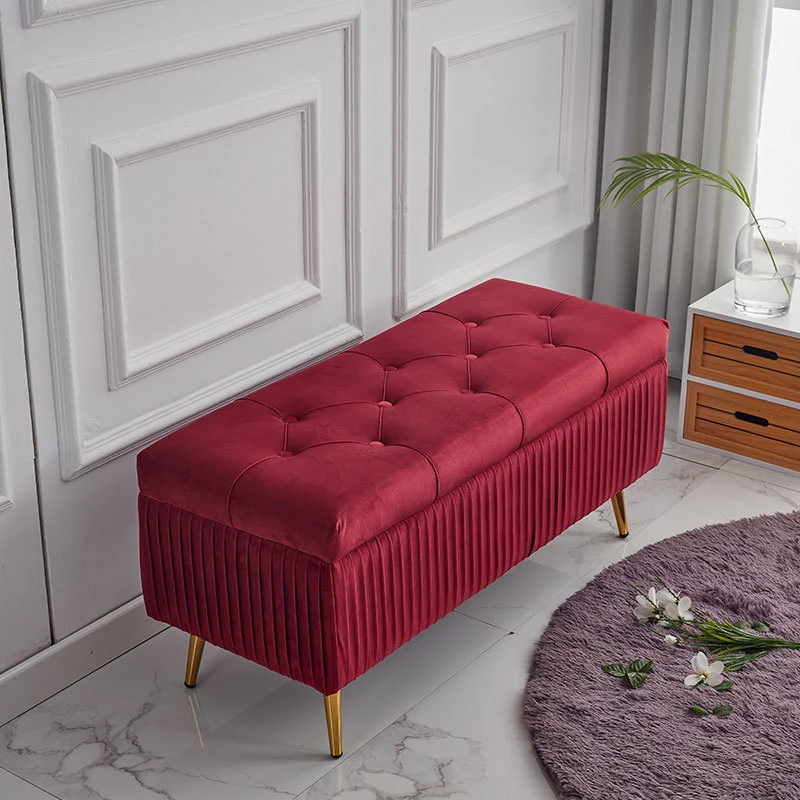 Modern Minimalist Velvet Sponge Titanium Alloy Rectangular Storage Bench Backless For Entryway