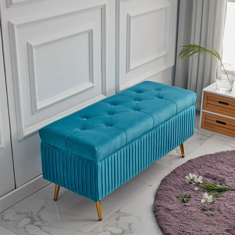 Modern Minimalist Velvet Sponge Titanium Alloy Rectangular Storage Bench Backless For Entryway