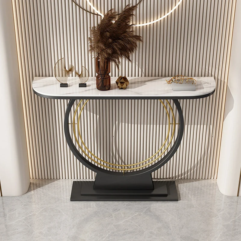 Modern Luxury Iron Stone Slab Curved Rectangular Console Table For Entryways