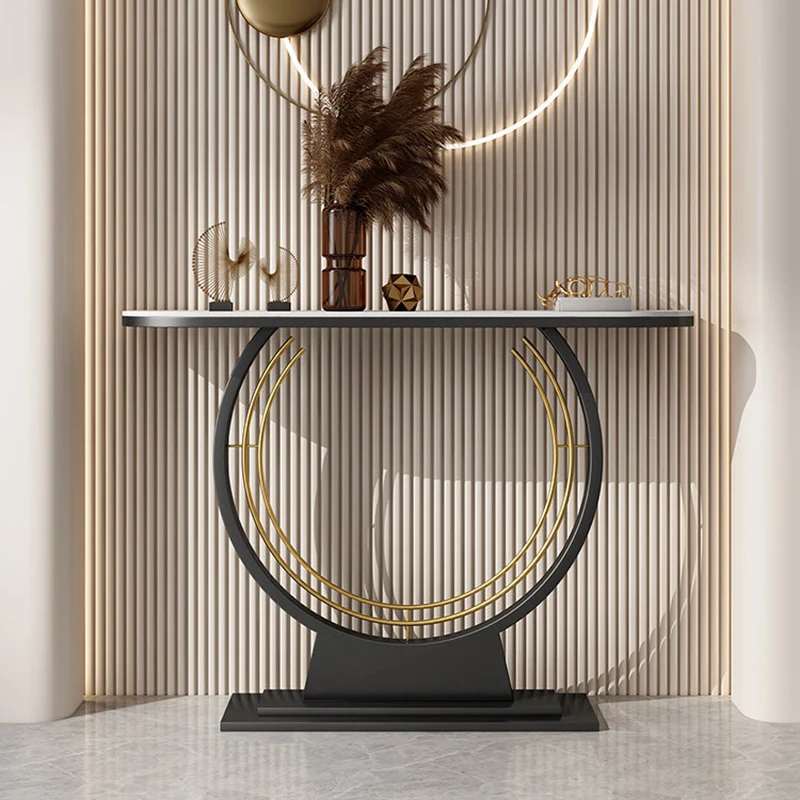 Modern Luxury Iron Stone Slab Curved Rectangular Console Table For Entryways