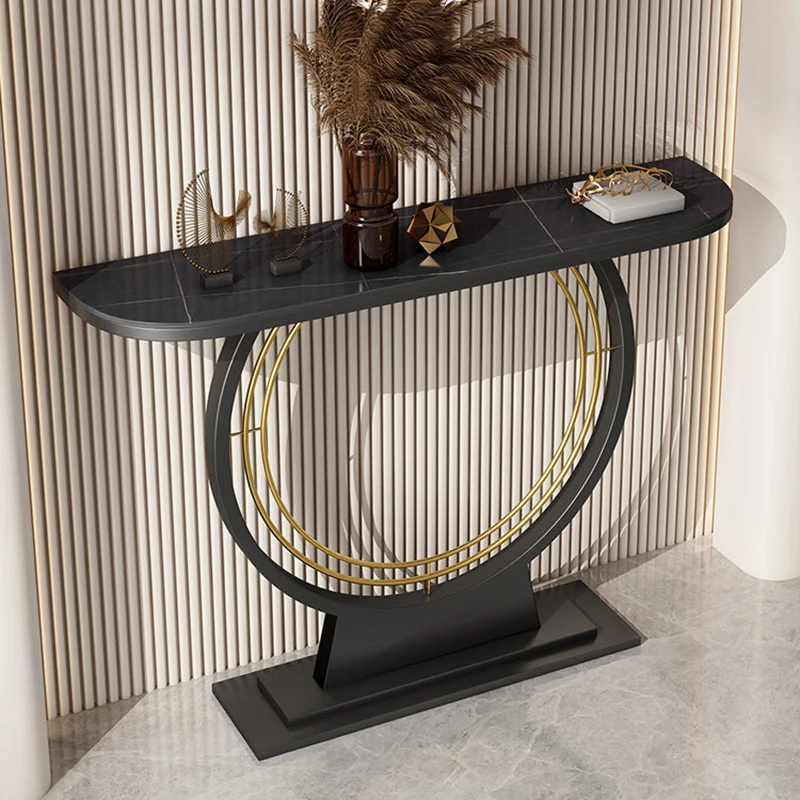 Modern Luxury Iron Stone Slab Curved Rectangular Console Table For Entryways