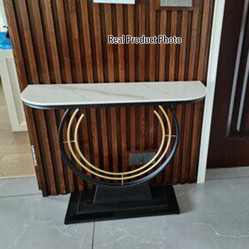 Modern Luxury Iron Stone Slab Curved Rectangular Console Table For Entryways