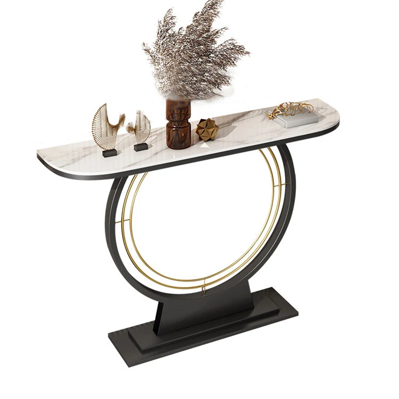 Modern Luxury Iron Stone Slab Curved Rectangular Console Table For Entryways