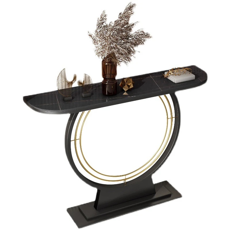 Modern Luxury Iron Stone Slab Curved Rectangular Console Table For Entryways