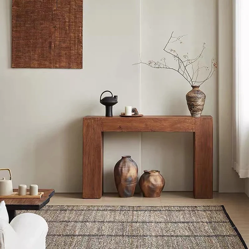Contemporary Retro Pine Wood Rectangular Console Table For Living Room & Entryway