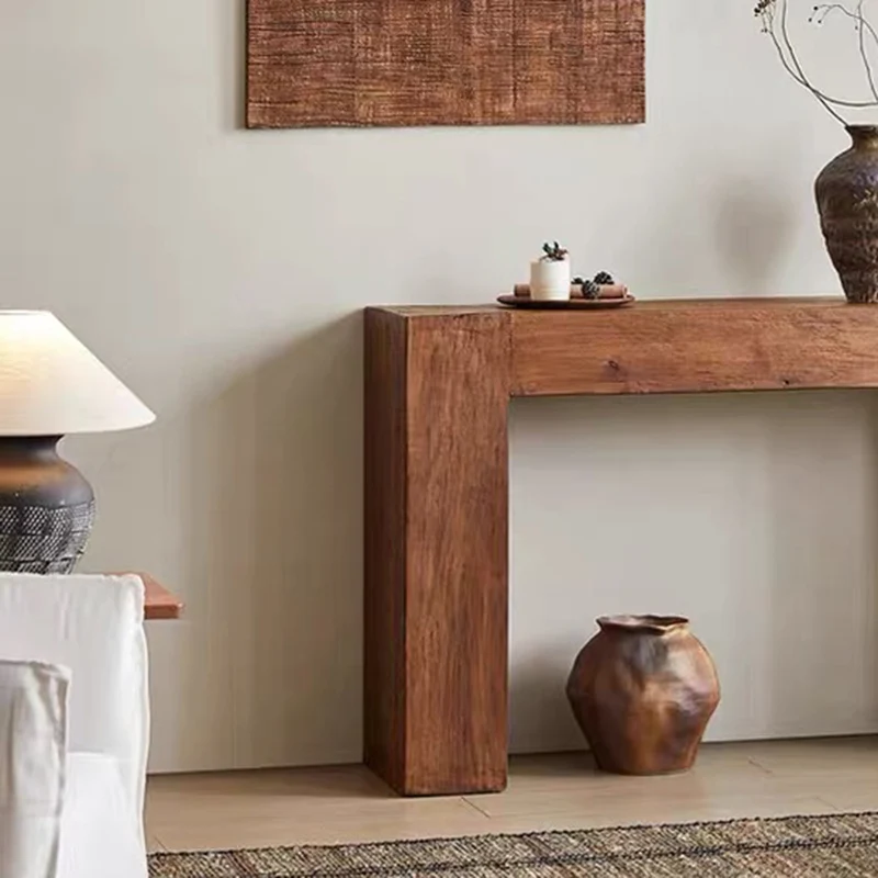 Contemporary Retro Pine Wood Rectangular Console Table For Living Room & Entryway