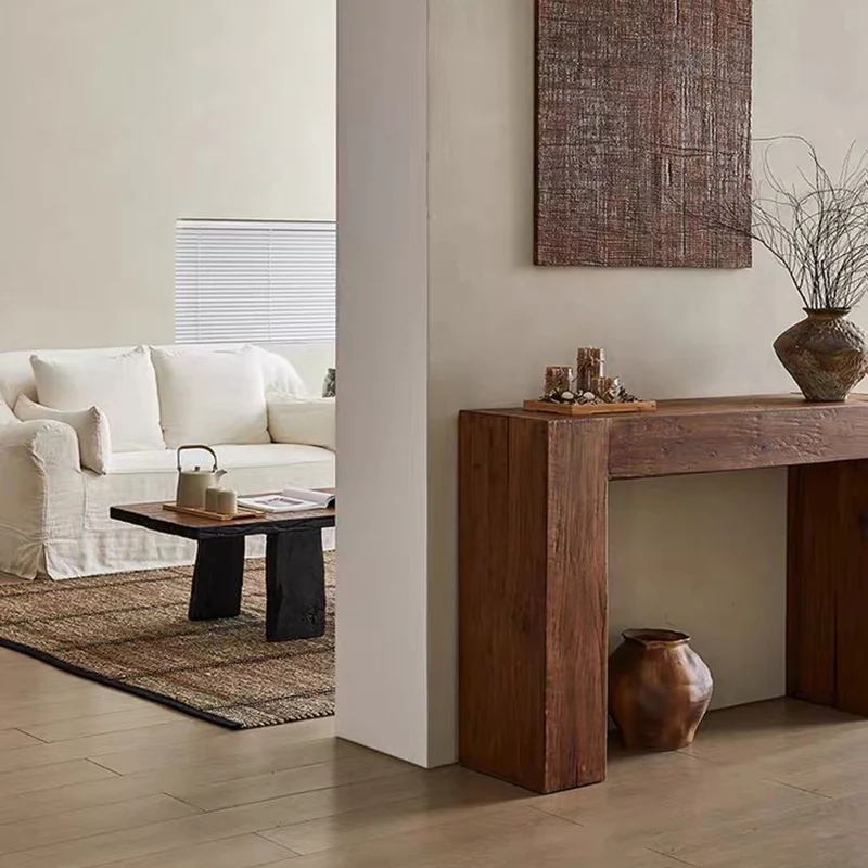 Contemporary Retro Pine Wood Rectangular Console Table For Living Room & Entryway