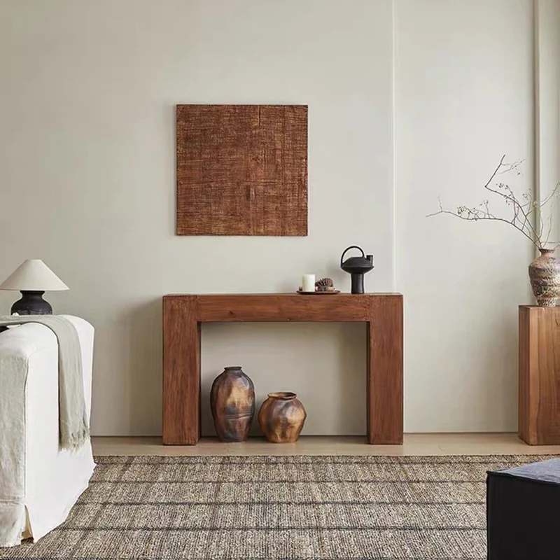 Contemporary Retro Pine Wood Rectangular Console Table For Living Room & Entryway