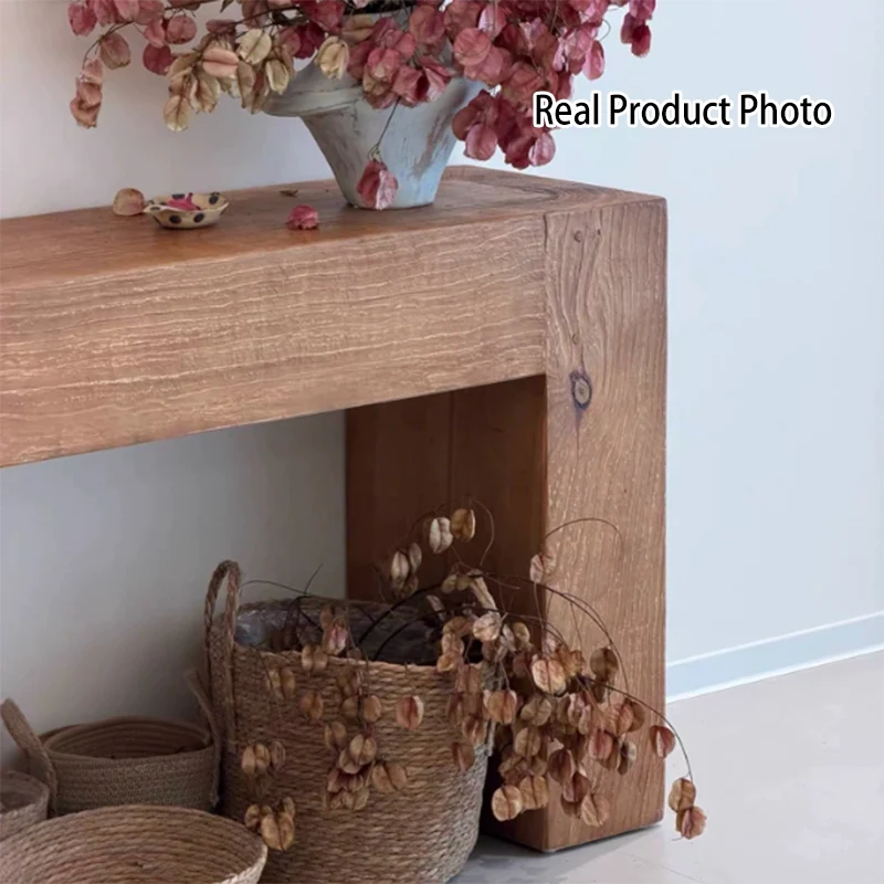Contemporary Retro Pine Wood Rectangular Console Table For Living Room & Entryway
