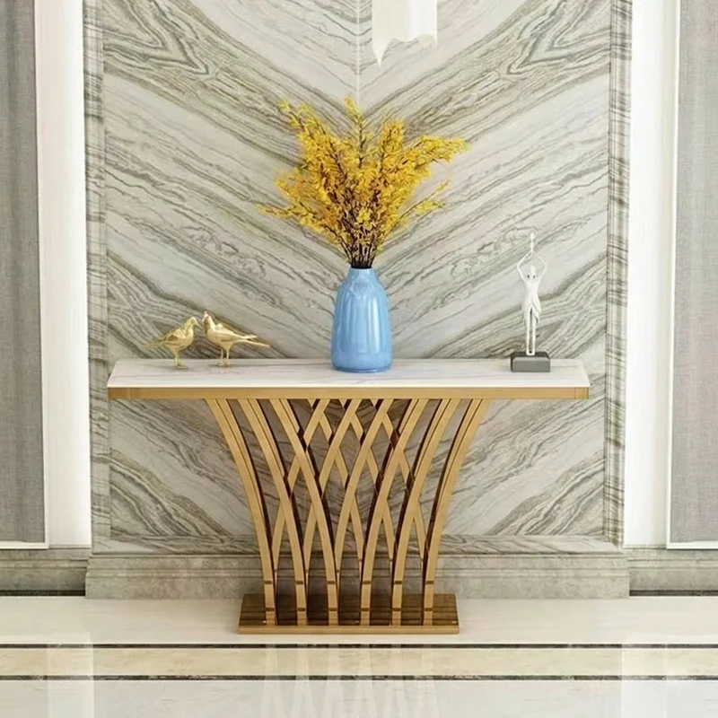 Modern Luxury Stainless Steel Artificial Marble Rectangular Console Table For Entryway
