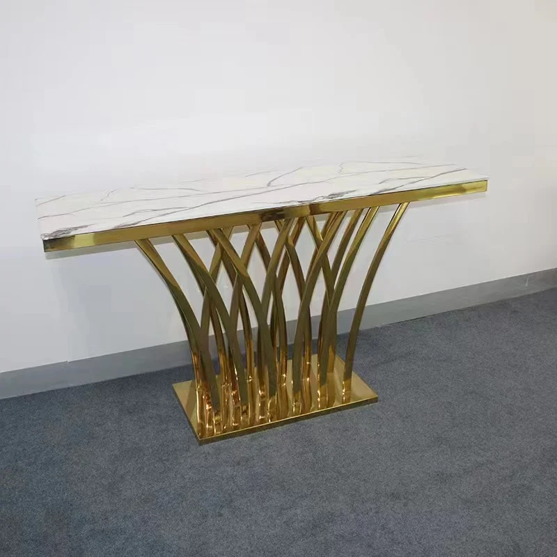 Modern Luxury Stainless Steel Artificial Marble Rectangular Console Table For Entryway