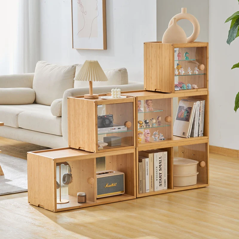 Modern Minimalist Bamboo Rectangular Display Rack With Glass Door 3-Tier Storage For Toys & Collectibles For Living Room & Bedroom