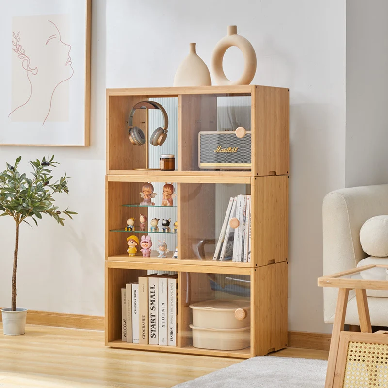 Modern Minimalist Bamboo Rectangular Display Rack With Glass Door 3-Tier Storage For Toys & Collectibles For Living Room & Bedroom