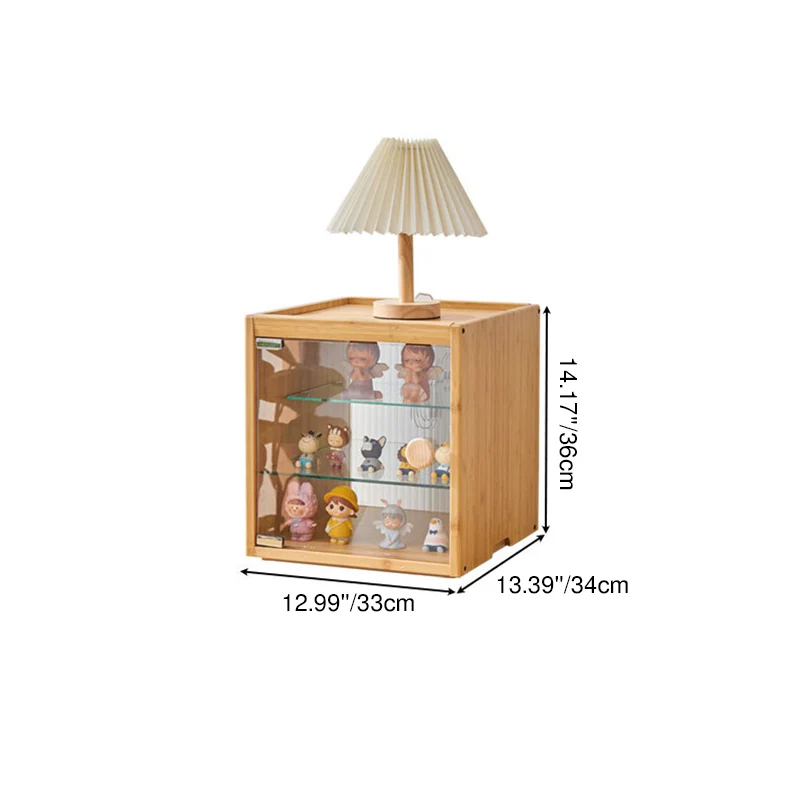 Modern Minimalist Bamboo Rectangular Display Rack With Glass Door 3-Tier Storage For Toys & Collectibles For Living Room & Bedroom