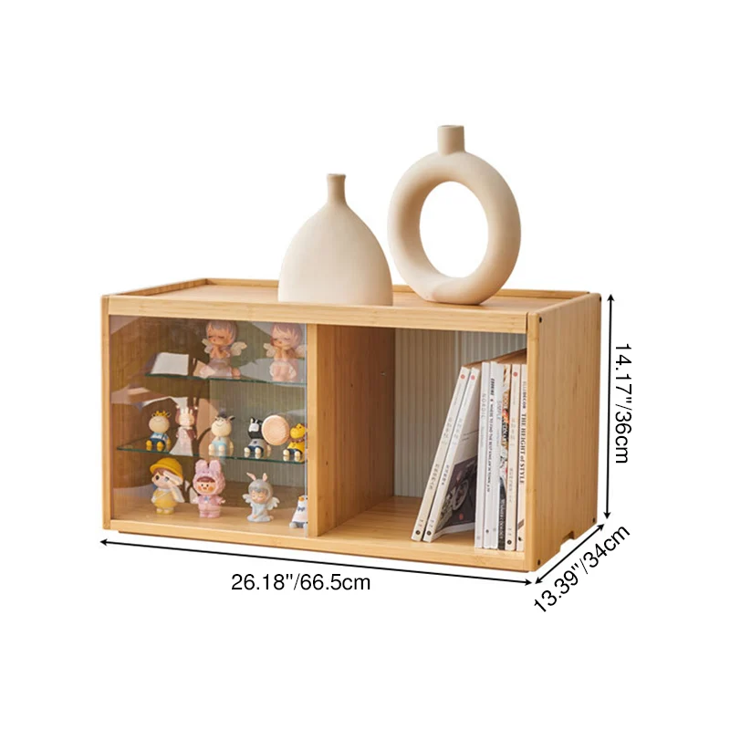 Modern Minimalist Bamboo Rectangular Display Rack With Glass Door 3-Tier Storage For Toys & Collectibles For Living Room & Bedroom