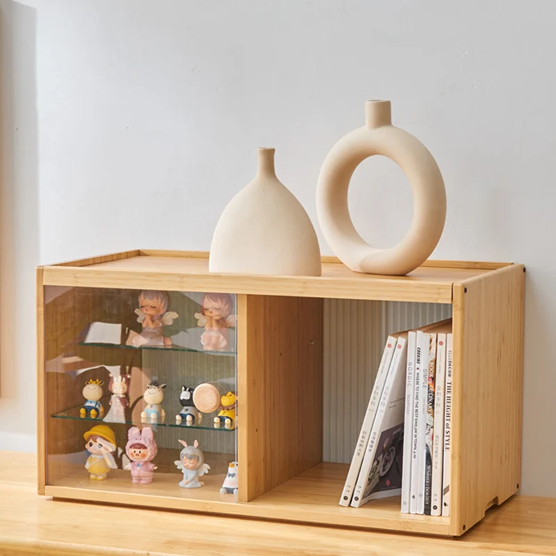 Modern Minimalist Bamboo Rectangular Display Rack With Glass Door 3-Tier Storage For Toys & Collectibles For Living Room & Bedroom