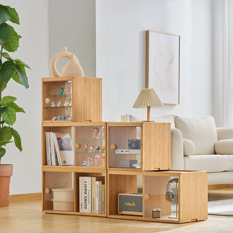 Modern Minimalist Bamboo Rectangular Display Rack With Glass Door 3-Tier Storage For Toys & Collectibles For Living Room & Bedroom