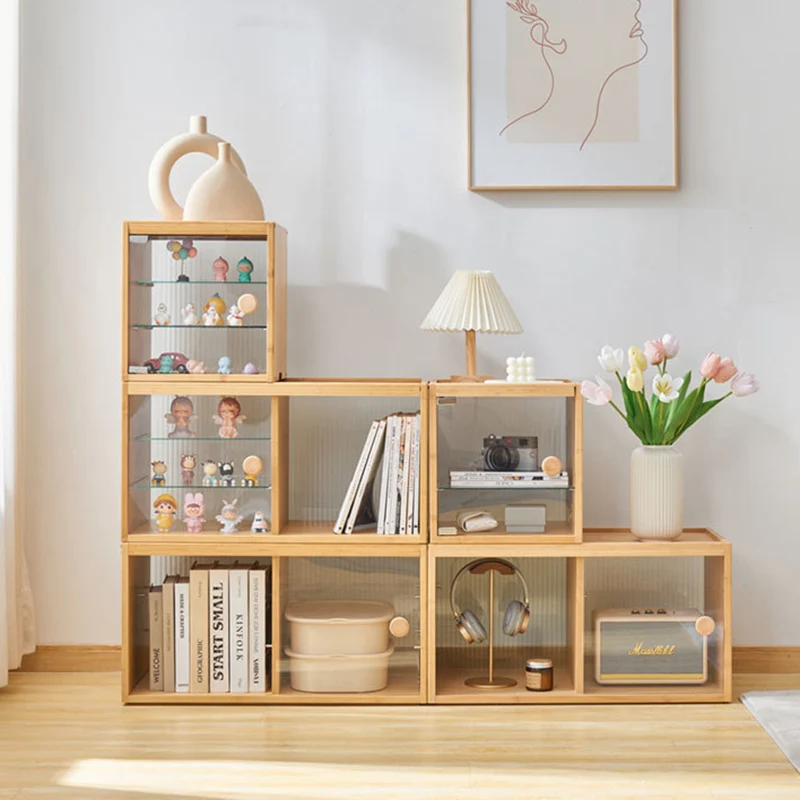 Modern Minimalist Bamboo Rectangular Display Rack With Glass Door 3-Tier Storage For Toys & Collectibles For Living Room & Bedroom