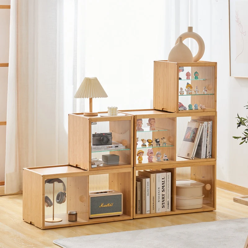 Modern Minimalist Bamboo Rectangular Display Rack With Glass Door 3-Tier Storage For Toys & Collectibles For Living Room & Bedroom