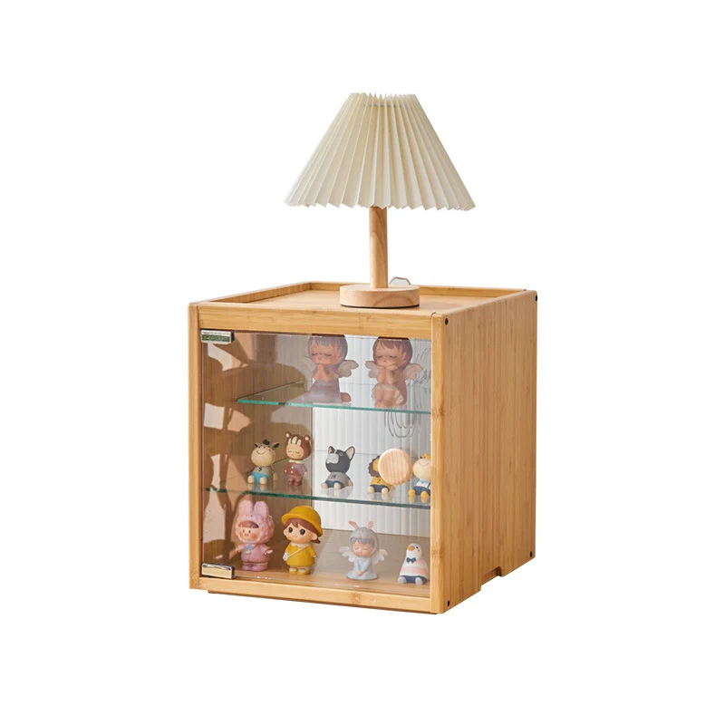 Modern Minimalist Bamboo Rectangular Display Rack With Glass Door 3-Tier Storage For Toys & Collectibles For Living Room & Bedroom