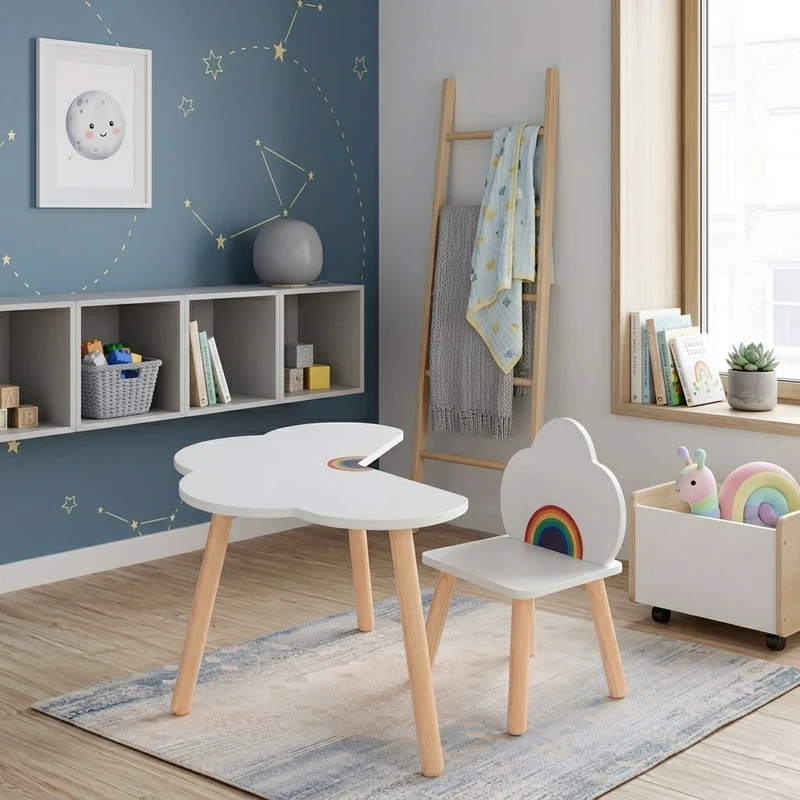 Contemporary Scandinavian Curved Cloud-Patterned Rainbow Pine Medium Density Fiberboard Kids Desk & Chair Set 1-Tier For Bedroom