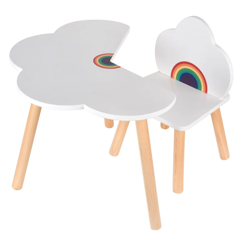 Contemporary Scandinavian Curved Cloud-Patterned Rainbow Pine Medium Density Fiberboard Kids Desk & Chair Set 1-Tier For Bedroom