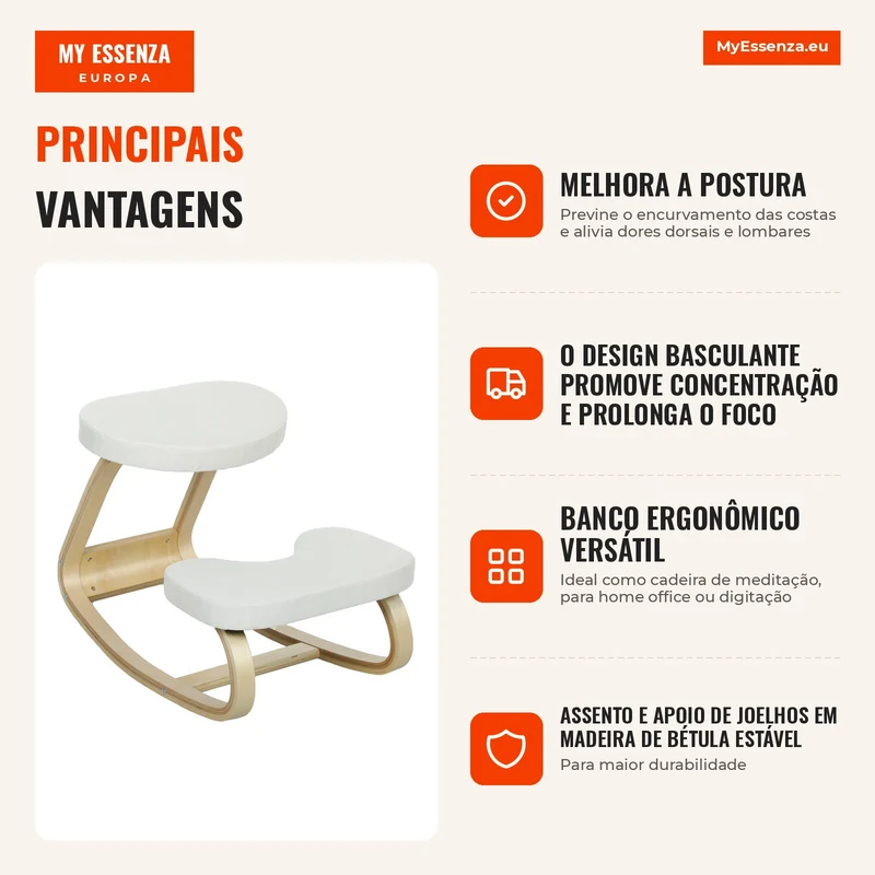 Banco de Joelhos Ergonômico em Bétula com Balanço Creme