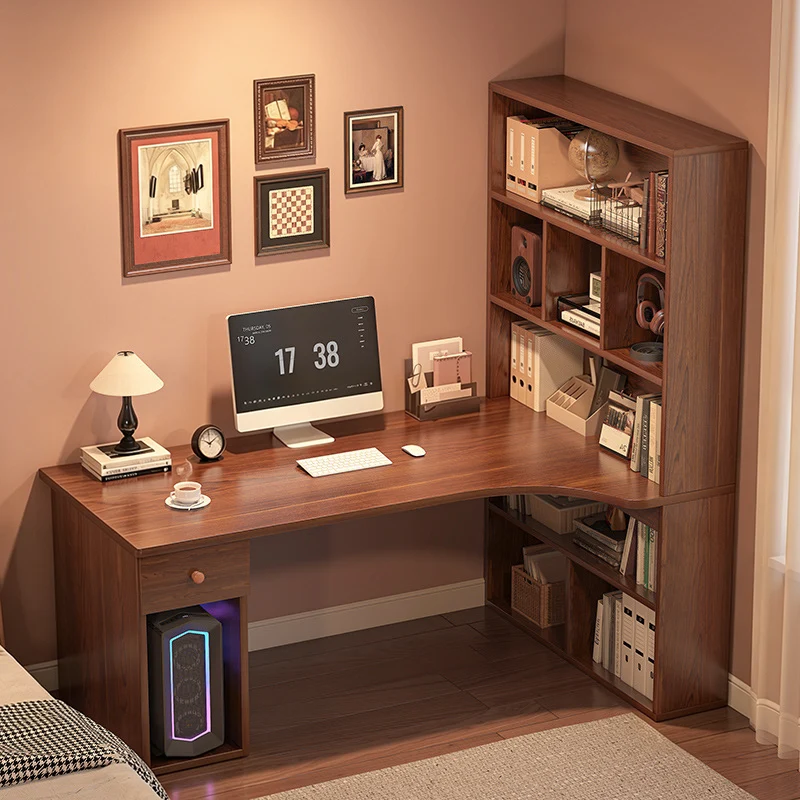 Modern Minimalist Rectangular L-Shaped Medium Density Fiberboard Desk With Bookshelf 5-Tier 1 Drawer For Home Office