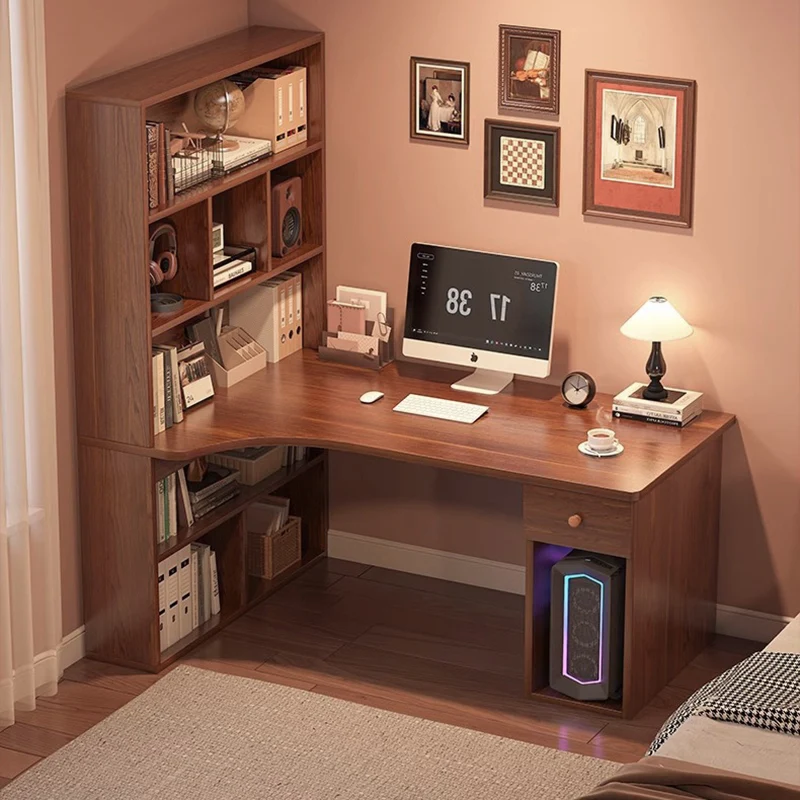 Modern Minimalist Rectangular L-Shaped Medium Density Fiberboard Desk With Bookshelf 5-Tier 1 Drawer For Home Office