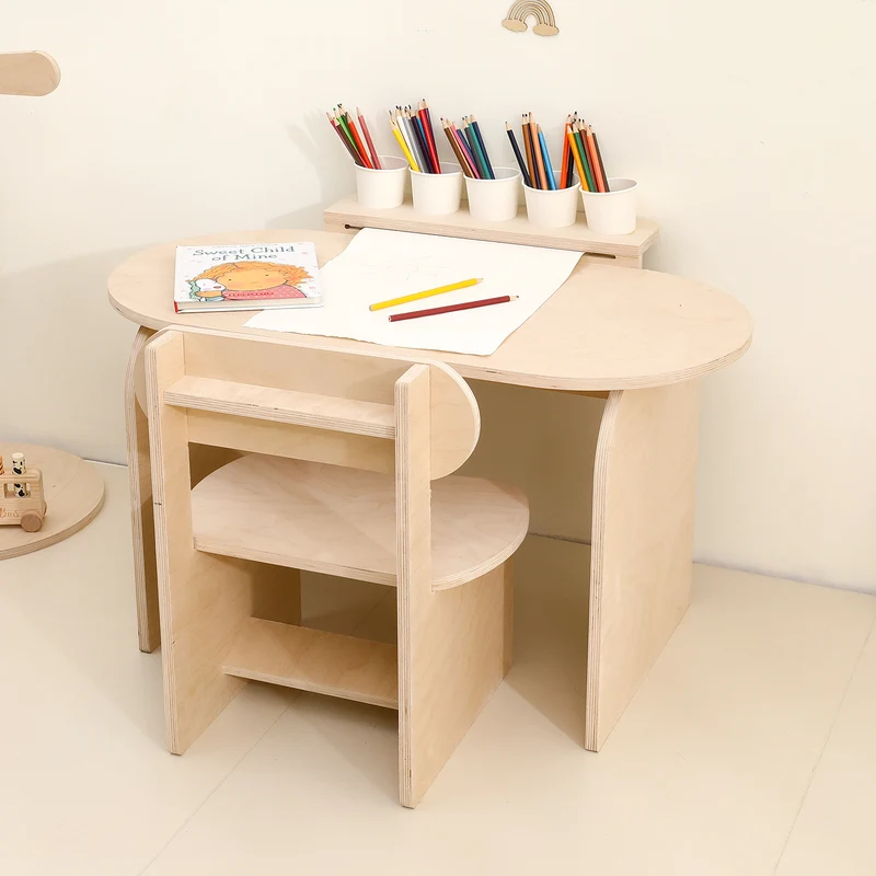 Contemporary Scandinavian Rectangular Plywood Kids Desk & Chair Set 2-Tier For Bedroom