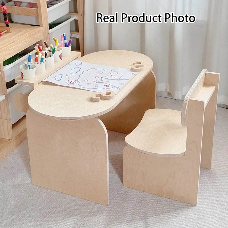 Contemporary Scandinavian Rectangular Plywood Kids Desk & Chair Set 2-Tier For Bedroom