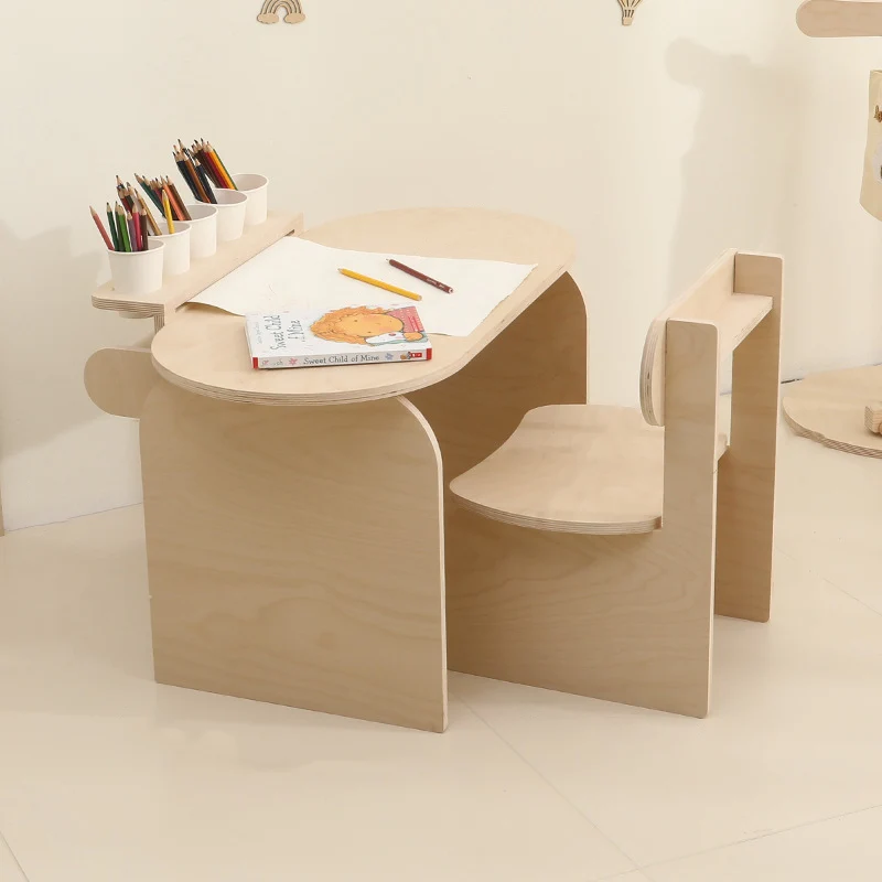 Contemporary Scandinavian Rectangular Plywood Kids Desk & Chair Set 2-Tier For Bedroom