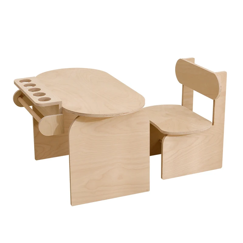 Contemporary Scandinavian Rectangular Plywood Kids Desk & Chair Set 2-Tier For Bedroom