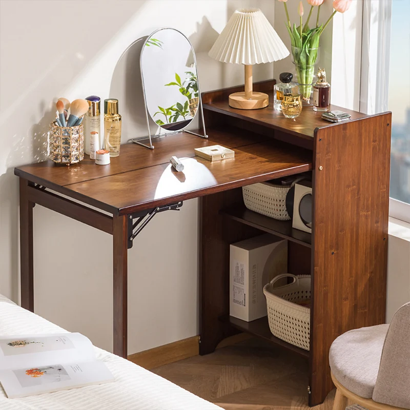 Traditional Vintage Bamboo MDF Foldable Rectangular Kid Study Desk With 3-Tier For Living Room
