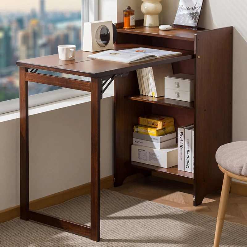 Traditional Vintage Bamboo MDF Foldable Rectangular Kid Study Desk With 3-Tier For Living Room