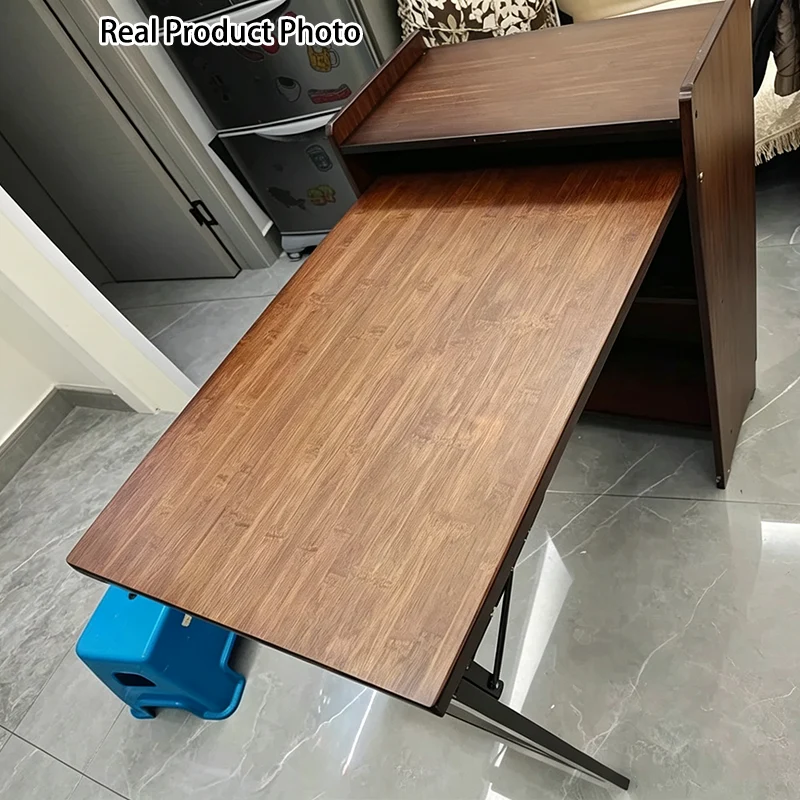 Traditional Vintage Bamboo MDF Foldable Rectangular Kid Study Desk With 3-Tier For Living Room