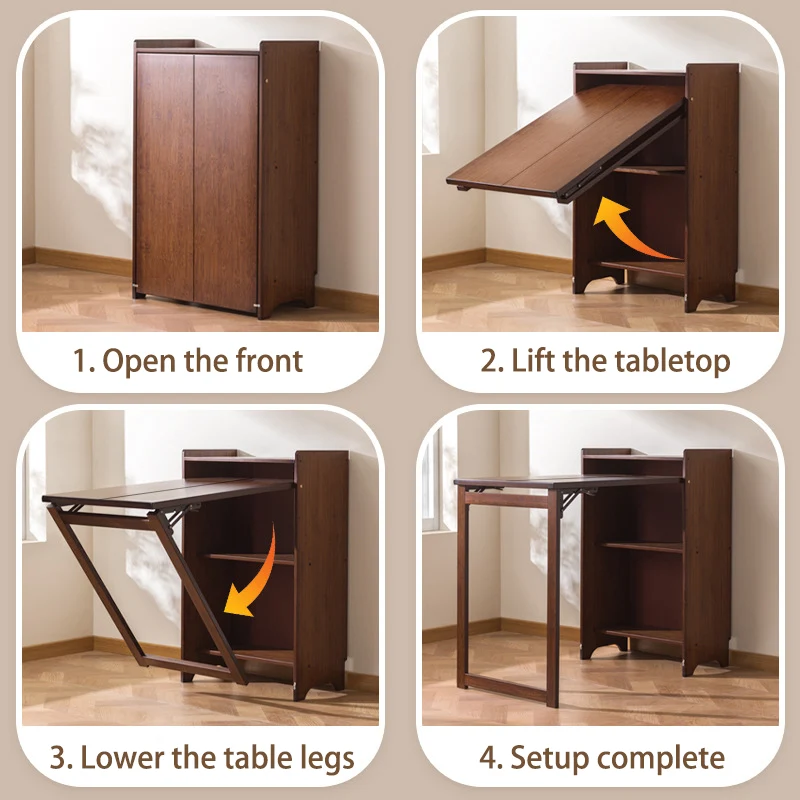 Traditional Vintage Bamboo MDF Foldable Rectangular Kid Study Desk With 3-Tier For Living Room