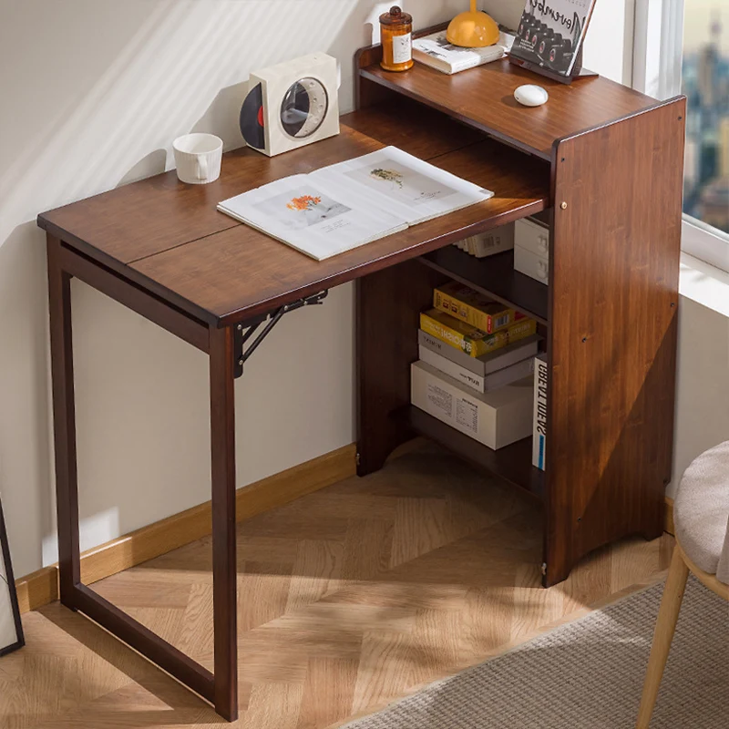 Traditional Vintage Bamboo MDF Foldable Rectangular Kid Study Desk With 3-Tier For Living Room