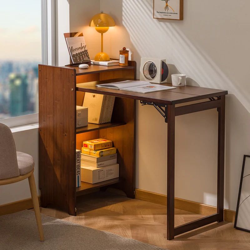 Traditional Vintage Bamboo MDF Foldable Rectangular Kid Study Desk With 3-Tier For Living Room