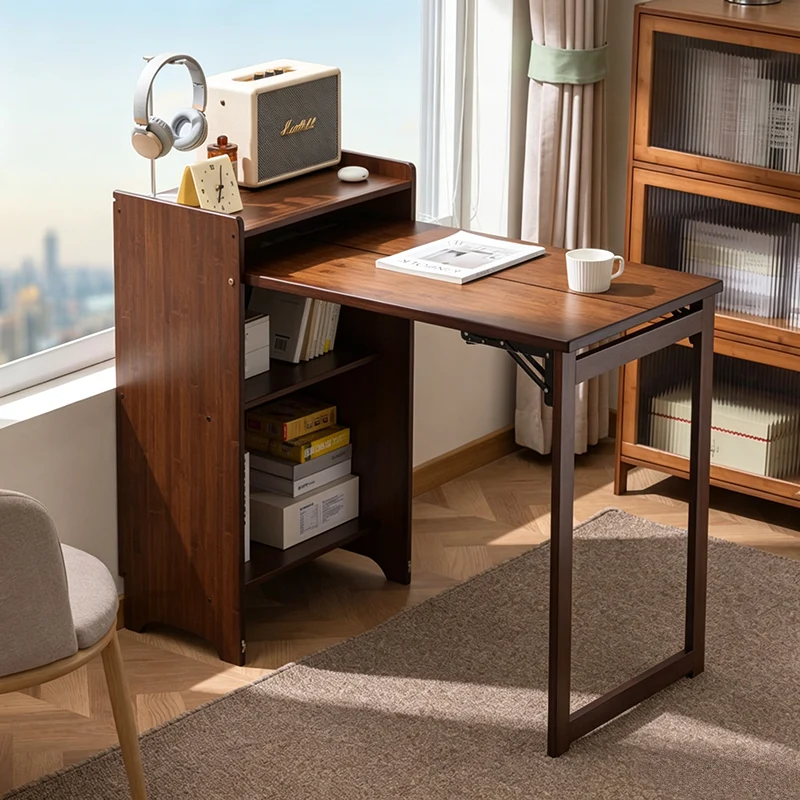 Traditional Vintage Bamboo MDF Foldable Rectangular Kid Study Desk With 3-Tier For Living Room