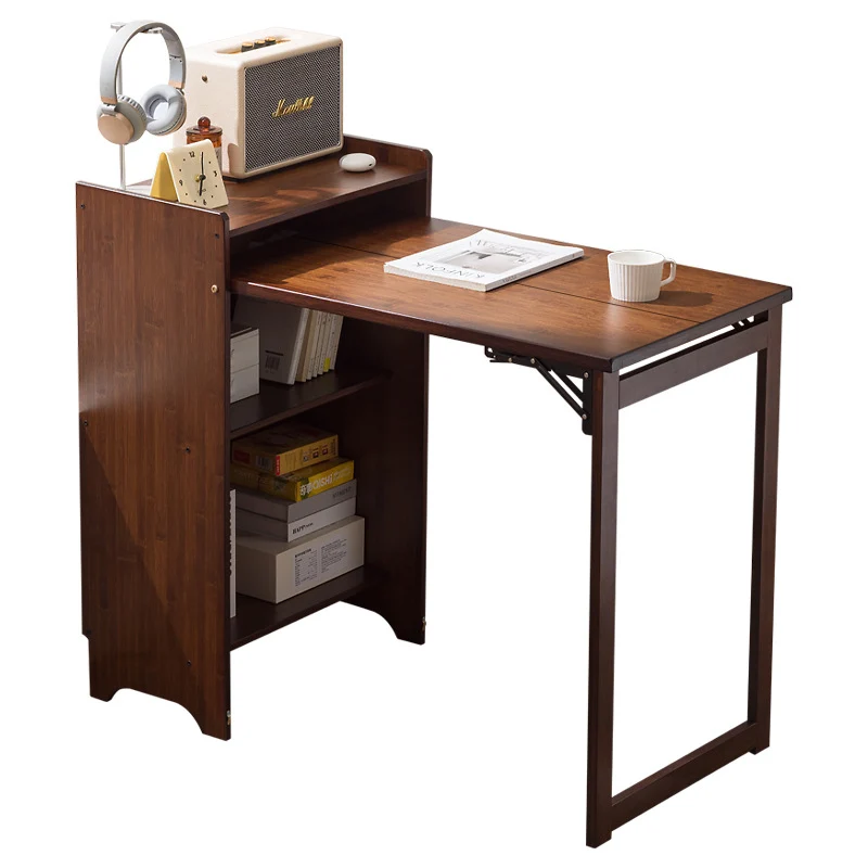 Traditional Vintage Bamboo MDF Foldable Rectangular Kid Study Desk With 3-Tier For Living Room
