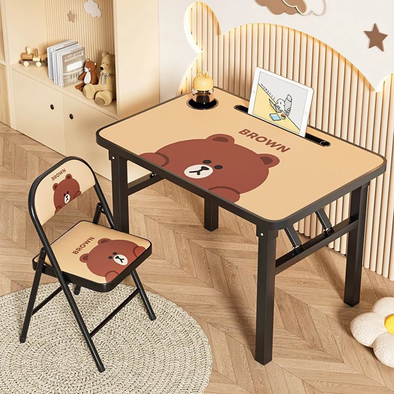 Modern Art Deco MDF Iron Kids Rounded Rectangular Study Desk Chair Set With 1-Tier For Living Room