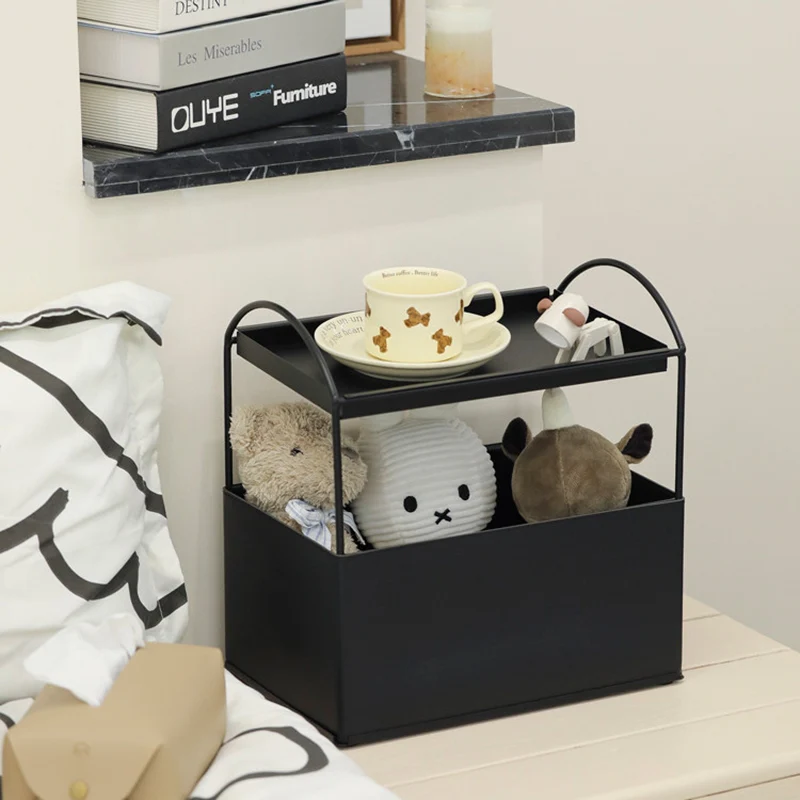 Contemporary Nordic PU Leather Iron Rectangular Desktop Storage Shelf 2-Tier Makeup Organizer Box Skincare For Living Room & Bedroom
