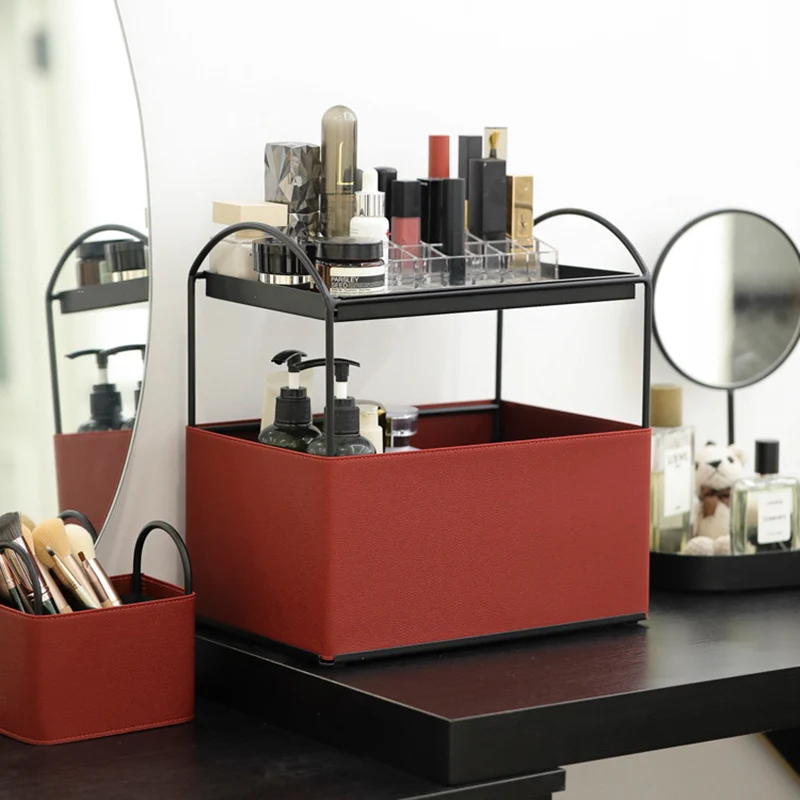 Contemporary Nordic PU Leather Iron Rectangular Desktop Storage Shelf 2-Tier Makeup Organizer Box Skincare For Living Room & Bedroom