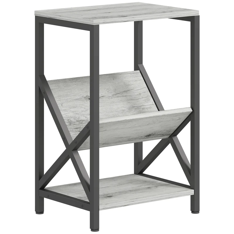 Mesa de Apoio Estreita Mesa Lateral com Armazenamento em 3 Níveis Porta-Revistas em V Estrutura em Aço 40x30x61cm Cinza Escuro