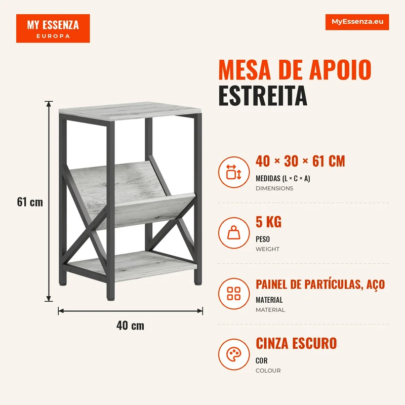 Mesa de Apoio Estreita Mesa Lateral com Armazenamento em 3 Níveis Porta-Revistas em V Estrutura em Aço 40x30x61cm Cinza Escuro