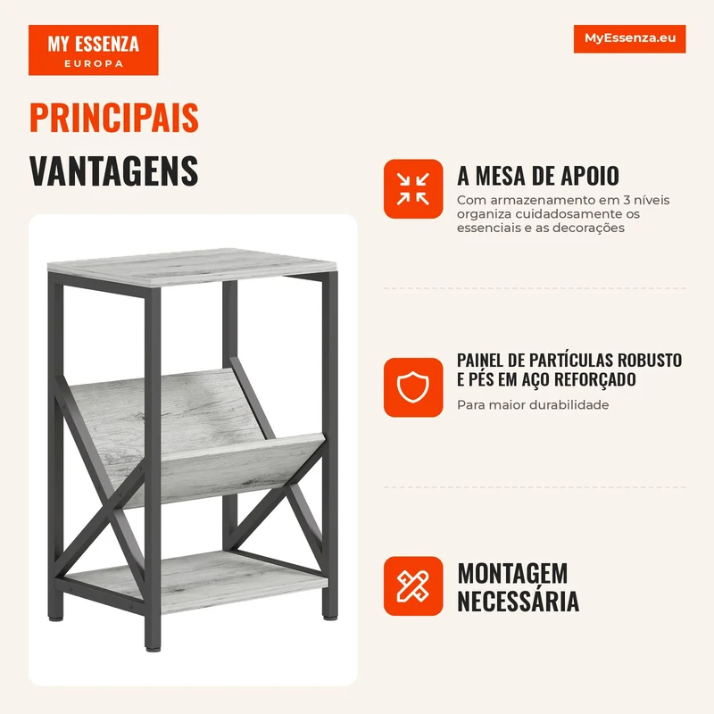 Mesa de Apoio Estreita Mesa Lateral com Armazenamento em 3 Níveis Porta-Revistas em V Estrutura em Aço 40x30x61cm Cinza Escuro